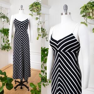 Vintage 1970s Maxi Dress 70s Chevron Striped Black White Sleeveless Open Back